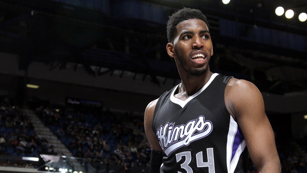 SACRAMENTO, CA - DECEMBER 11:  Jason Thompson #34 of the Sacramento Kings during the game against the Houston Rockets on December 11, 2014 at Sleep Train Arena in Sacramento, California. NOTE TO USER: User expressly acknowledges and agrees that, by downloading and or using this Photograph, user is consenting to the terms and conditions of the Getty Images License Agreement. Mandatory Copyright Notice: Copyright 2014 NBAE (Photo by Rocky Widner/NBAE via Getty Images)